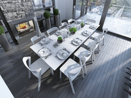 Loft dining with white furnitureの写真素材