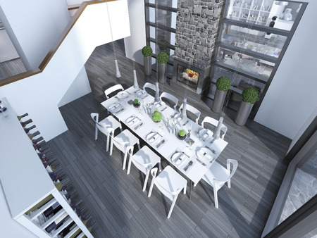 Contemporary dining  with white furniture trend. Top view to dining room with wine rack, table for 10 people and fireplace. 3D renderの写真素材