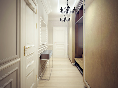 Modern corridor style. A narrow and functional  corridor with light gray walls, wardrobes and sofa, console and large mirror. 3D renderの写真素材