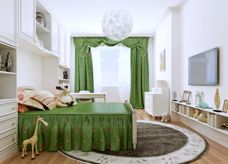 Children's bedroom in a classic style. Spacious room in bright summer colors. The contrast of white walls and furniture and bright green curtains and bed. 3D renderの写真素材