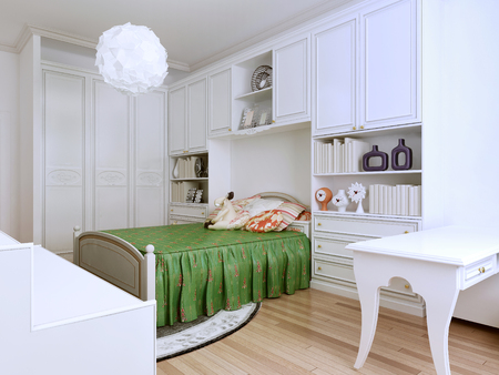 Idea of classic-styled bedroom. The combination of bright colors evoke a desire to create. Teens will appreciate the design of this room. 3D renderの写真素材