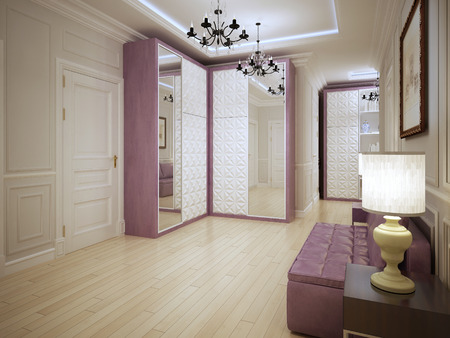 Spacious entrance art nouveau design. Modern without being stark interior of hallway with purple furniture and light wood flooring.  3D renderの写真素材