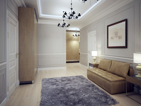 Spacious hallway art deco style. Modern hall with molding wall and neon lighting ceiling. Coarse wool carpet in the middle and brown furniture. 3D renderの写真素材