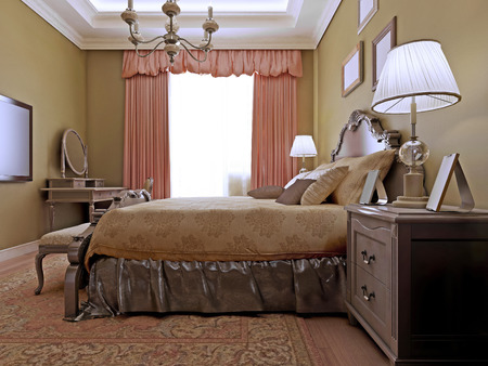 Classic english bedroom design. Elegant room with dressing table made in soothing color combinations. Brown walls and light wood flooring. 3D renderの写真素材