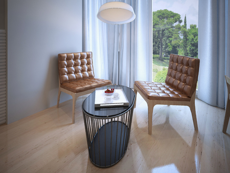 Coffe table with chairs near panoramic window. 3D renderの写真素材