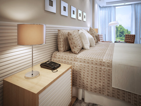 Contemporary bedroom design. Done bed with cushions, wooden bedside table with phone and table lamp with brown shade. Wall decorated with white stripes, like bedside table. 3D renderの写真素材