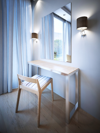 Dressing table with large mirror. Mirror without frame, two sconces with dark brown shades. Metal table with wooden top and cute soft chair. 3D renderの写真素材