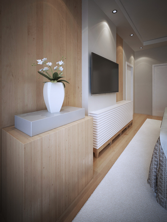 Idea of art deco bedroom. Wooden texture panel wall with decorative ledge for hanging TV. Pleasant white carpet and ceiling lights. 3D renderの写真素材