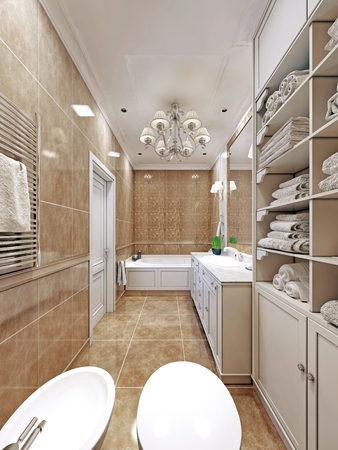 Elegant  provence bathroom design. Long bathroom with wall tiles. Luxury chandelier and white multi-level ceiling.  3D renderの写真素材