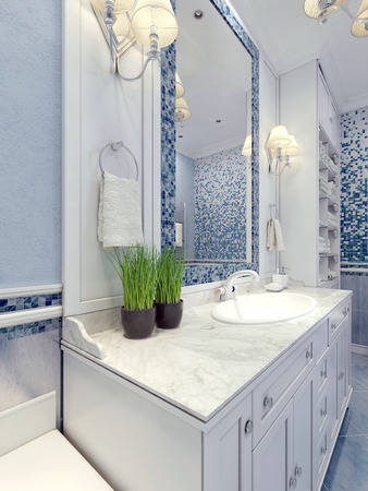 Provence blue bathroom trend. Bathroom furniture in white. A large mirror with mosaic frame of blue, white mixer sink consoles. 3D renderの写真素材