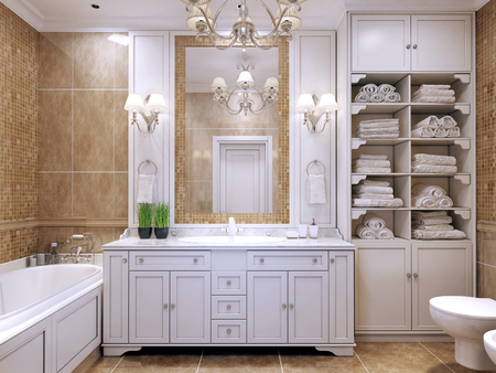 Furniture in classic bathroom. Cream colored bathroom with white furniture, great mirror with sconces and luxurious chandelier. Pleasing to the eye contrast of two colors. 3D renderの写真素材