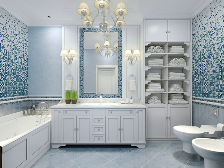 Furniture in classic blue bathroom. Blue colored bathroom with white furniture, great mirror with sconces and luxurious chandelier. Mix of tiles and textured plaster on walls pleasing to the eye. 3D renderの写真素材