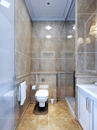 Idea of provence bathroom. An example of an interior bathroom with limited space, where the separated shower looks nice with a door of glass.3D renderの写真素材