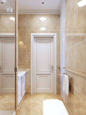 Contemporary bathroom with shower. Bright bathroom interior with white doors and furniture. 3D renderの写真素材