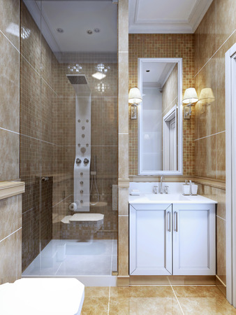Design of modern bathroom. The combination of natural marble tiles and a small mosaic in the shower and around the mirror. Cosy modern design bathroom with limited space. 3D renderの写真素材