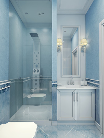 Design of modern blue bathroom. The combination of cold colors: white and blue. Shower mixer with modern upgraded with a glass door. 3D renderの写真素材
