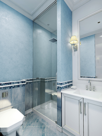 Bathroom art deco style. Design of bathroom with using blue color. White furniture and a large window with a frame, a cozy little sconces. Plastered walls and blue marble floor tiles. 3D renderの写真素材