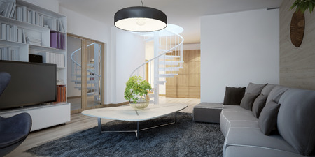 Cozy sitting room design. The design of the living room in a cottage with dark furniture and walls combined decoration. 3D renderの写真素材