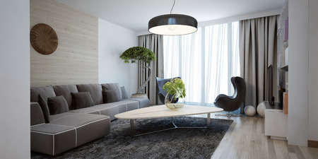 Bright spacious design of modern lounge. The minimalist interior is a beautiful spacious living room. Hidden cornices look beautiful with floor to ceiling windows. 3D renderの写真素材