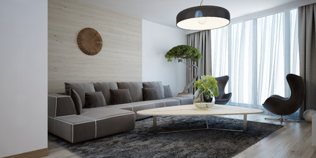 Bright lounge modern style. Spacious design room with a smooth wooden table, corner sofa and chairs. The combination of white and light brown wooden walls. 3D render.の写真素材