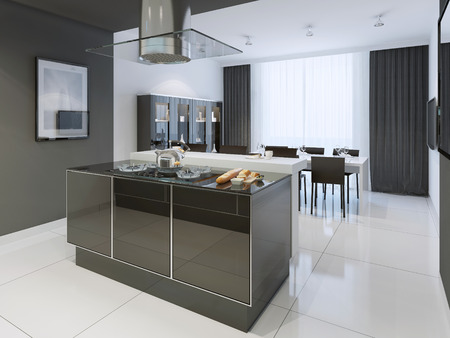 Black and white kitchen modern style. Color separated kitchen and dining room looks elegant from all sides. Glossy worktop on island, black curtains and white tulle. 3D renderの写真素材