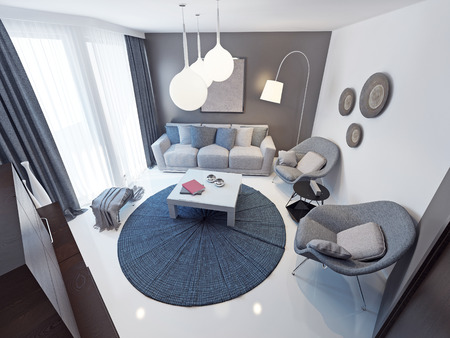 Minimalist lounge room trend.Spacious room with an original interior. Soft gray furniture. White concrete floor. floor to ceiling windows with access to the balcony. 3D renderの写真素材