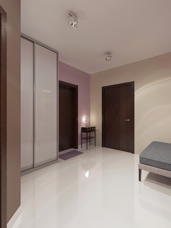 Entrance modern style. Wardrobe with white matt sliding doors, simple console with white lamp and a soft bench grey color. 3D renderの写真素材