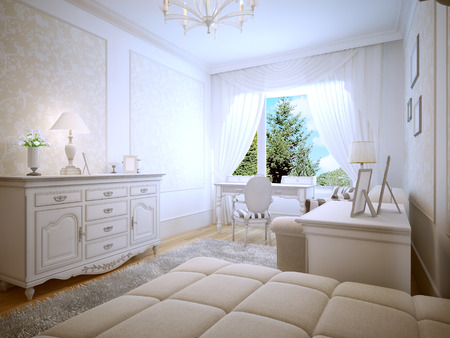 Bright interior of teen bedroom. 3D renderの写真素材