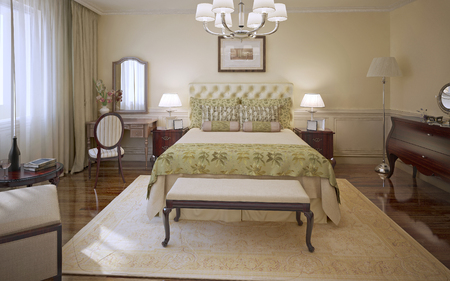 Elegant bedroom modern style. Master bedroom with cream colored molding walls, soft bed with olive blanket and cushions, mahogany furniture and patterned carpet. 3D renderの写真素材