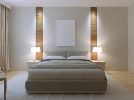 Modern master bedroom design. Dressed double bed with lether headboard, white walls with decorative niche of light wood texture near to bedside table. 3D renderの写真素材