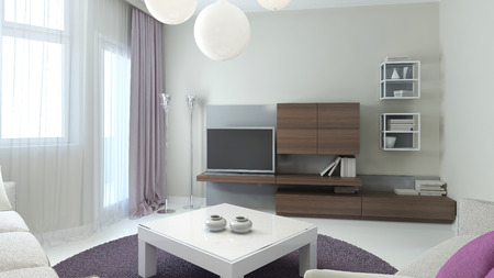 Living room contemporary style with brown wall cabinets, white low table with glass tabletop and purple round carpet in the center. 3D renderの写真素材