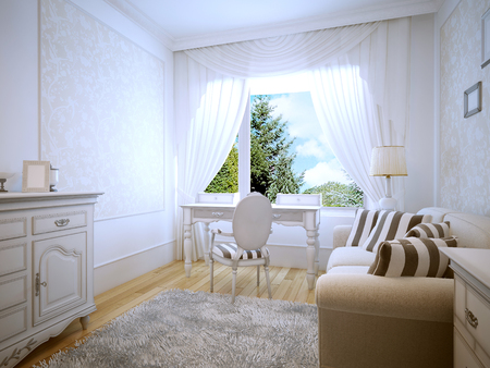 Dressing table in provence bedroom. A bright room with a large panoramic window. White simple table with drawers. 3D renderの写真素材