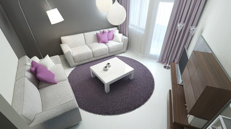 Design of modern bedroom with polished white concrete flooring and white and grey walls. 3D renderの写真素材