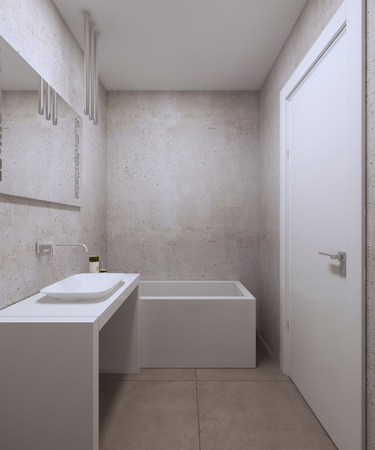 Minimalist bathroom design. White furniture, wide mirror, textured plaster on the wall, white door and white ceiling. 3D renderの写真素材