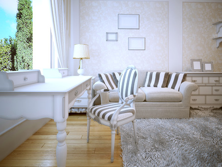 Idea of provence lounge. A cozy room with a beautiful white walls with wallpaper molding inserts. Sofa with pillows and a gray carpet on the parquet floor of light wood. 3D renderの写真素材