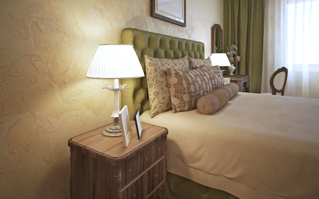 Dressed bed with bedside table in classic bedroom with decorative plaster. 3D renderの写真素材
