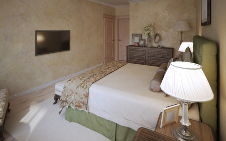 Master bedroom mediterranean design. A room with walls of decorative plaster, light brown laminate flooring, dark wood furniture. 3D renderの写真素材