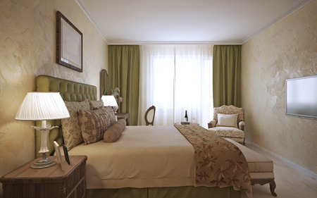 Master bedroom english design. Neatly Dressed bed with pillows and blankets. Bedside table made of dark wood and decorative plaster with light laminate. 3D renderの写真素材