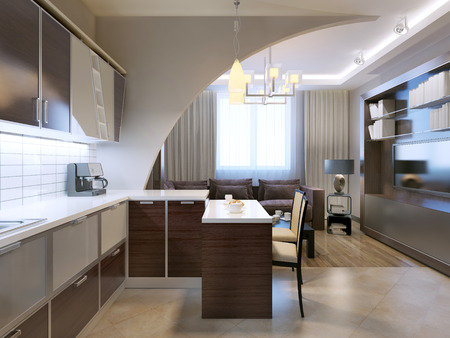 Glossy minimalist kitchen with bar and lounge on background. Zebrano facade furniture, unusual shepes, white tiled backsplash. 3D renderの写真素材