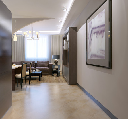Entrance to kitchen studio. Contemporary kitchen with bar separated from living room by arch, mixed tile and linoleum flooring. 3D renderの写真素材