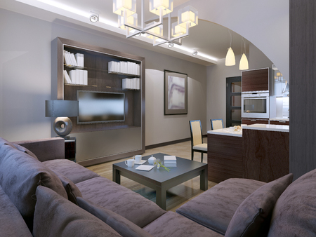 Contemporary living room with kitchen on background. 3D renderの写真素材
