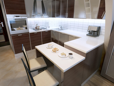 Modern zebrano kitchen design. Elegant kitchen with breakfast bar and chairs. Unusual shapes in cabinets, white acrylic countertops and white tiled backsplash. 3D renderの写真素材