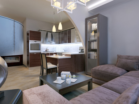 Modern interior of a living room studio. Purple velvet furniture, a sideboard and a table of dark red Zebrano, kitchen with breakfast bar. 3D renderの写真素材