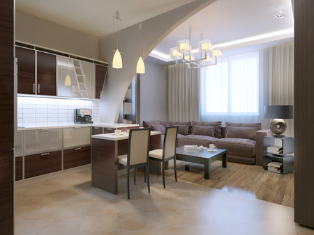 Modern kitchen with lounge on background. 3D renderの写真素材