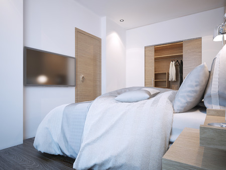 Minimalist hotel bedroom design with white walls and walk-in closet. 3D renderの写真素材