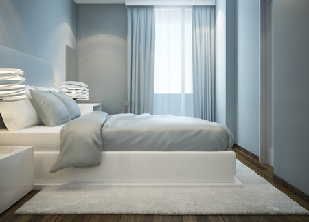 Snowy white bed in blue bedroom. Master bedroom with double bed with soft mattress. White wool carpet. 3D renderの写真素材