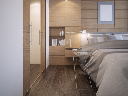 Beautiful bedroom design. Wood panel wall decoration with niche, white walls, elegant bed with console, hardwood parquet flooring and walk-in closet. 3D renderの写真素材