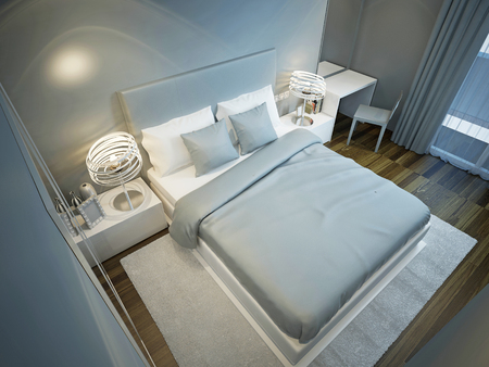 Techno hotel room trend. Light blue bedroom with white and brown inserts. White acrylic furniture. 3D renderの写真素材