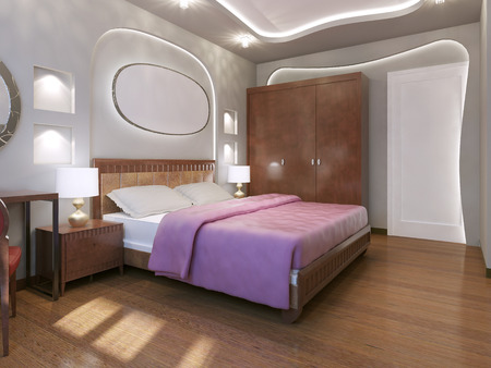 Fabulous bedroom modern style. White walls and ceiling with niche and white neon lights. Dark wood parquet flooring. 3D renderの写真素材