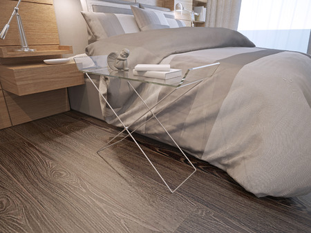 Master bedroom contemporary style. Exclusive console with glass countertop near lush bed in contemporary bedroom with dark wooden parquet flooring. 3D renderの写真素材